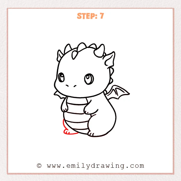 how to draw a baby dragon - Step 7: Small feet and a stable sitting base line complete the lower body of the baby dragon.